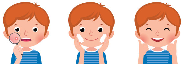 矢量卡通插图的一个男孩和他关心的问题皮肤和一个成功的解决痤疮的问题图片下载