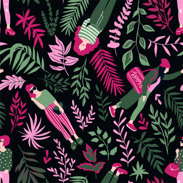 时尚的年轻女性在休闲风格与热带树叶在黑暗的背景。矢量手绘时尚无缝图案与女孩。热带织物设计。图片下载