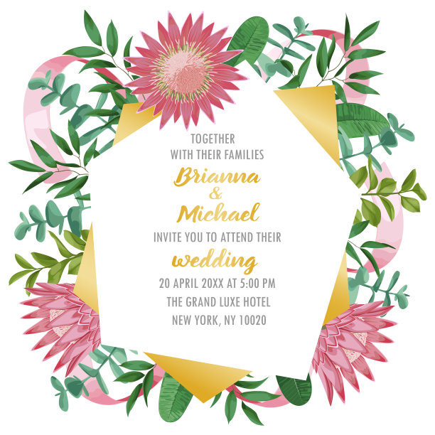 婚礼邀请与Protea和绿色植物图片下载