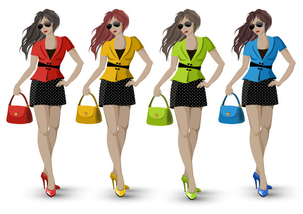 一套风格化的女性形象在多色的套装与包。图片下载