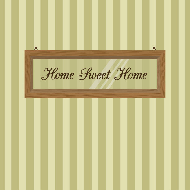 木框挂在条纹墙纸的背景上。甜蜜之家图片下载