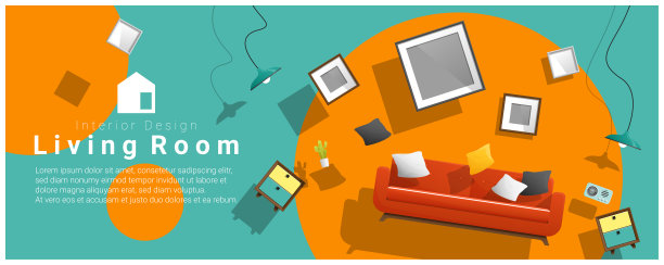 水平室内横幅销售与客厅家具盘旋在彩色背景，矢量，插图图片下载