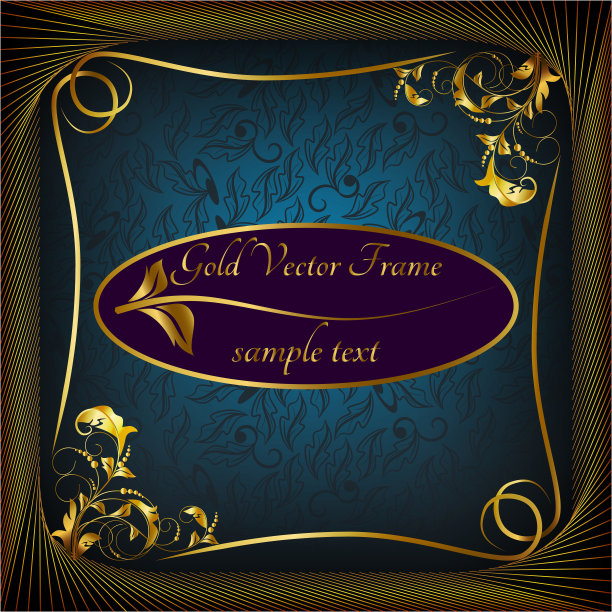 金色相框与角线花卉图片。复古风格的装饰边框，孤立在黑色背景上图片下载