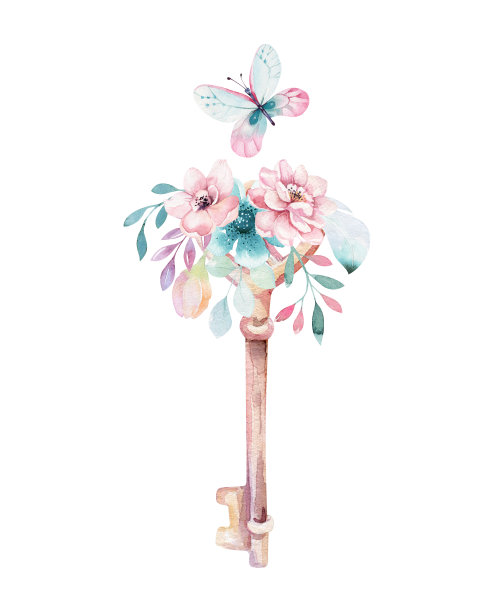 孤立可爱的水彩独角兽钥匙剪纸与花。托儿所独角兽的关键插图。彩虹公主海报。粉红色的神奇的海报素材图片