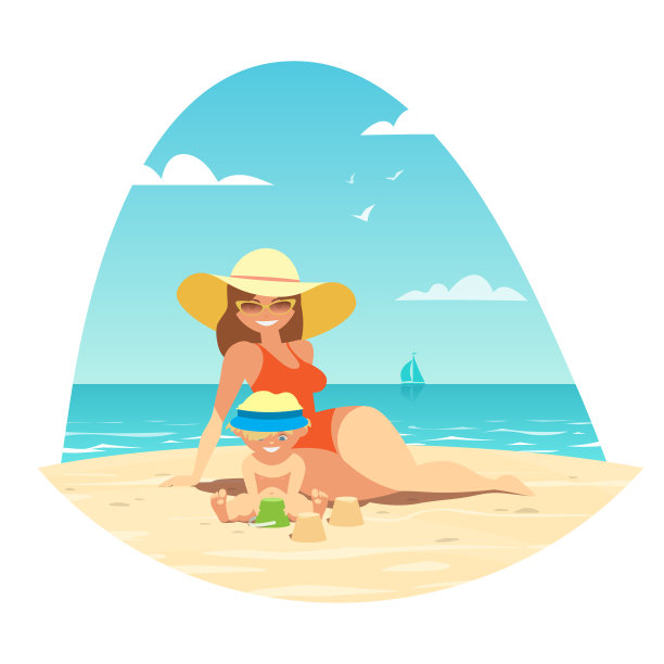夏天，海滩，女人，孩子图片下载