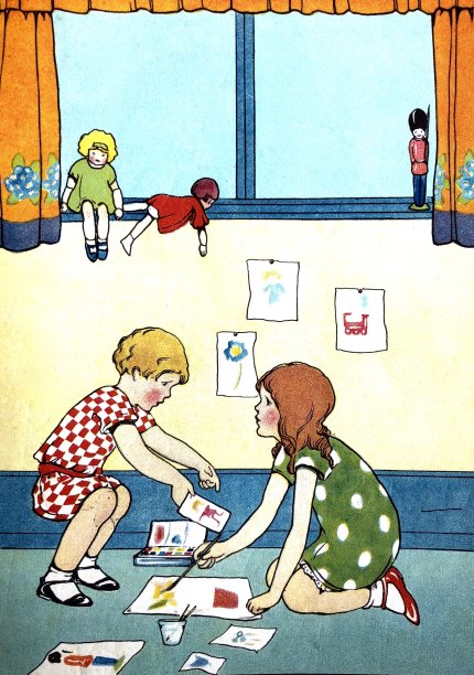 两个女孩在育儿室里用水彩画图片下载