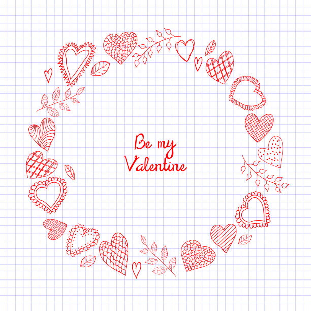 素描涂鸦心形框架在方格笔记本表。情人节快乐。矢量插图。图片下载