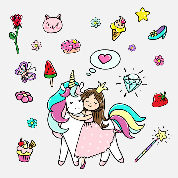 一套手绘插图的魔法独角兽和不同的属性图片下载