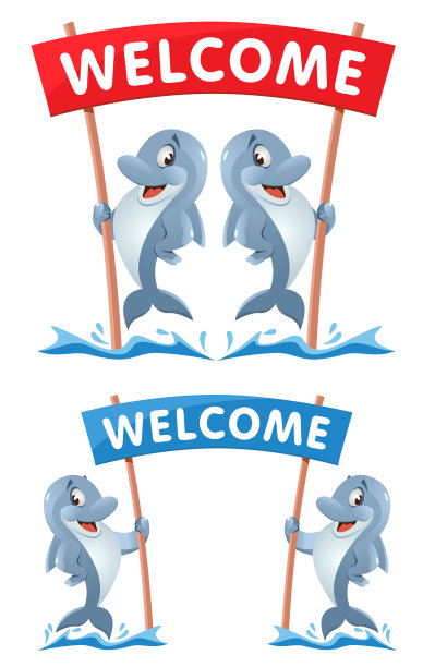 欢迎光临!插图与有趣的海豚。卡通风格的矢量插图。图片下载