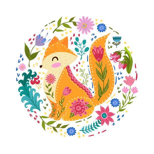 民俗设置矢量彩色插图与美丽的狐狸和花。北欧风格。图片下载