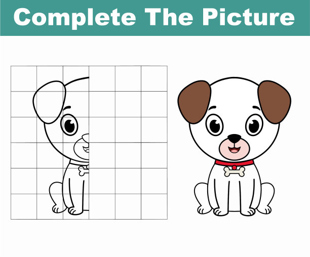 完成一张可爱的狗的图片。复制图片。彩色的书。儿童教育游戏。卡通矢量插图。图片下载