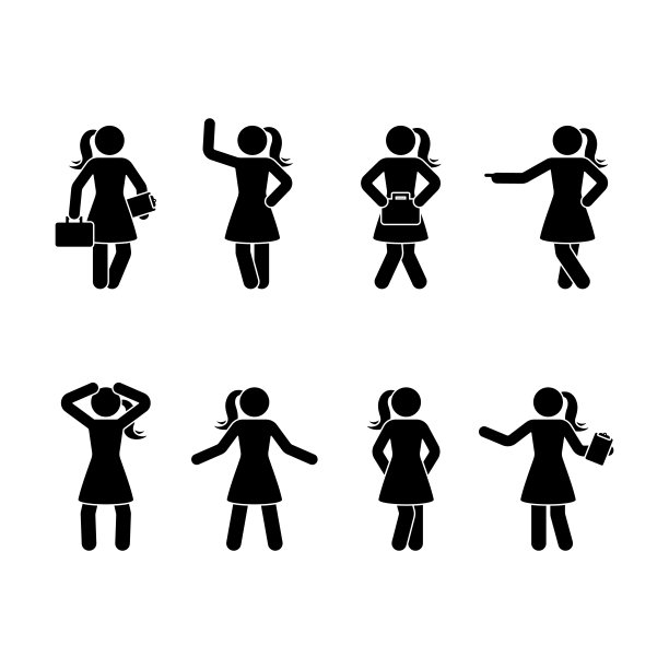 简笔画女性不同的姿势设置。站在白色女孩的矢量插图图片下载