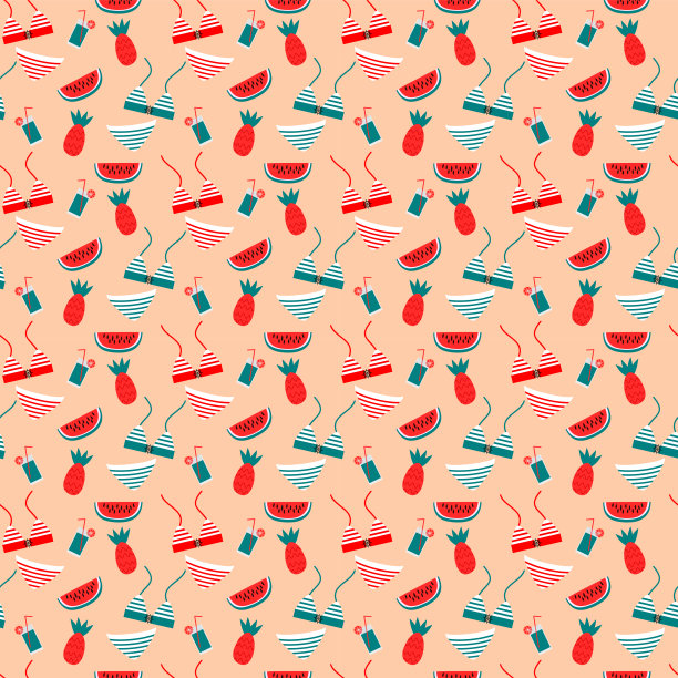 无缝模式矢量彩色比基尼和热带水果的夏季概念。图片下载