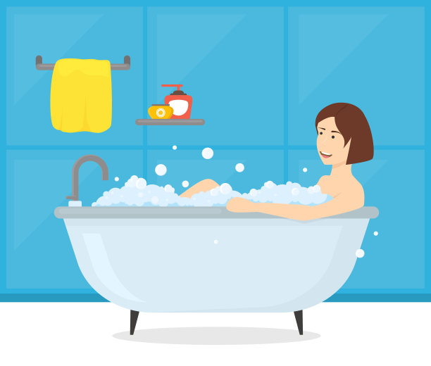 卡通女人在浴室浴缸卡片海报。向量图片下载