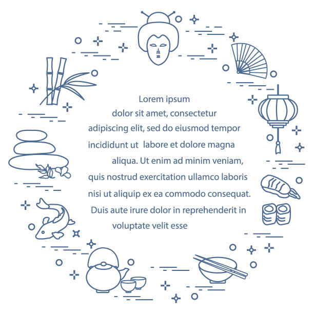 日本妇女的脸和灯笼、碗、筷子、寿司等东方文化的象征。图片下载