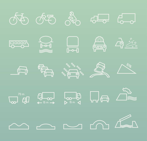 一套质量通用标准最小简单的白色细线交通标志图标在颜色背景上图片下载