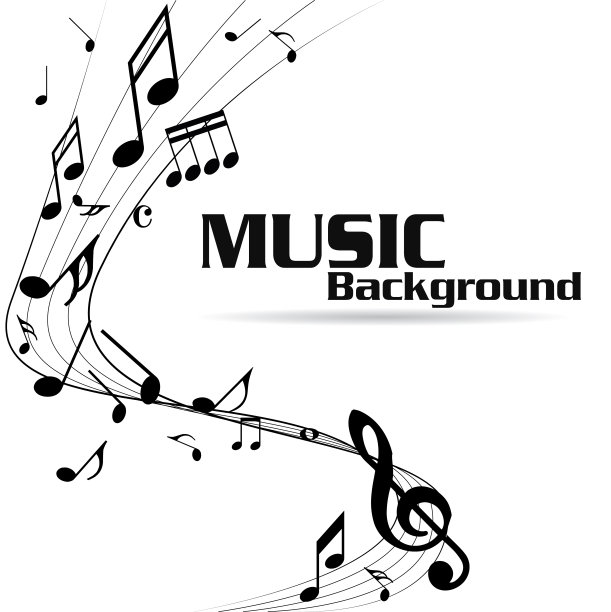 线波背景上的抽象音符。黑色g谱号和音乐音符孤立矢量插图。图片下载