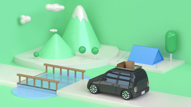 黑色汽车旅行主题抽象绿色几何山脉卡通风格3D渲染，旅行度假自然探险露营概念素材图片