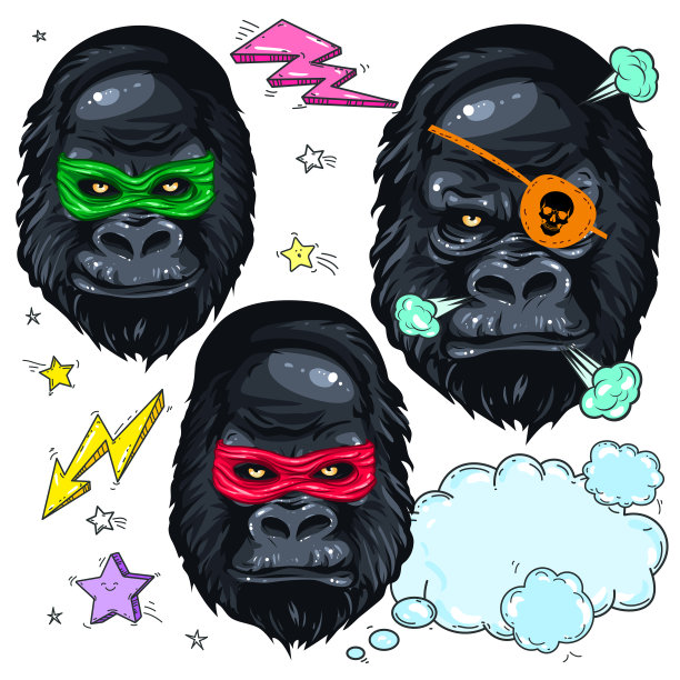 彩色图标肖像猴子，面具大猩猩和海盗大猩猩图片下载