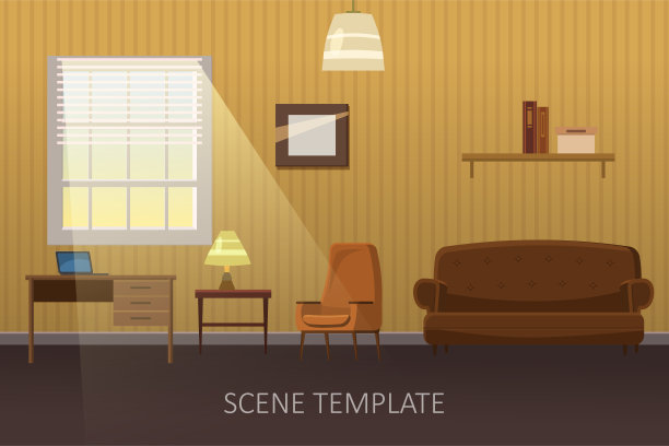 有家具的客厅。舒适的室内，有沙发和电视。卡通风格矢量插图。动画场景模板素材图片