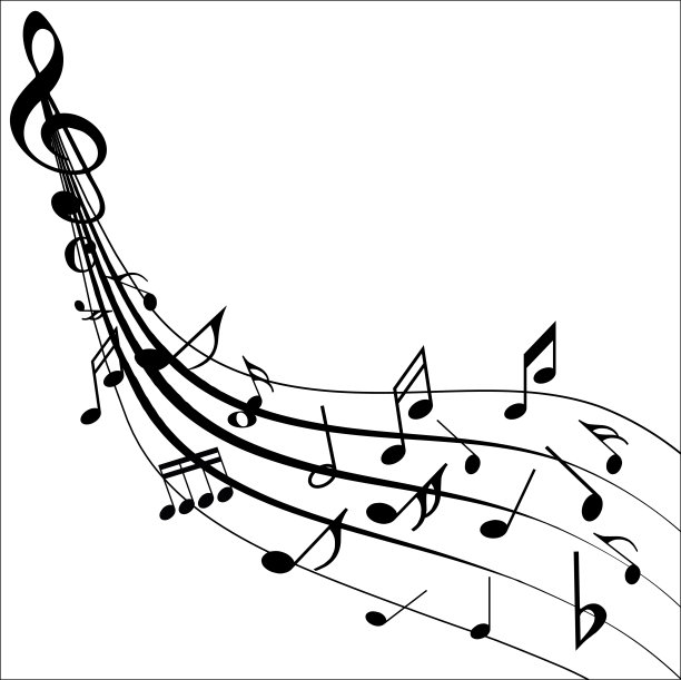 线波背景上的抽象音符。黑色g谱号和音乐音符孤立矢量插图。图片下载