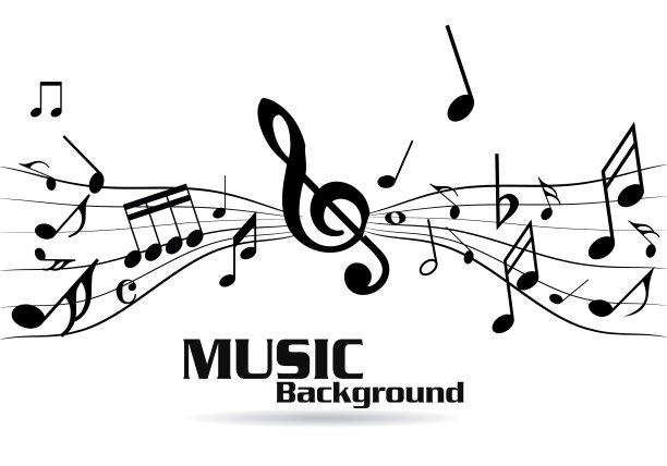 线波背景上的抽象音符。黑色g谱号和音乐音符孤立矢量插图。图片下载