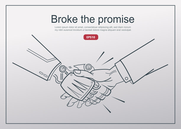 机器人与人类的概念。工业4.0网络物理系统不忠，机器人和人类握手，但AI打破了承诺。向量轮廓。图片下载