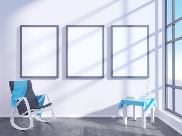 现代明亮的室内与空框架。3D渲染3D插画房间，斯堪的纳维亚，沙发，空间，上，墙，白色图片下载