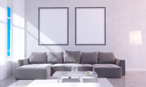 现代明亮的室内与空框架。3D渲染3D插画房间，斯堪的纳维亚，沙发，空间，上，墙，白色图片下载