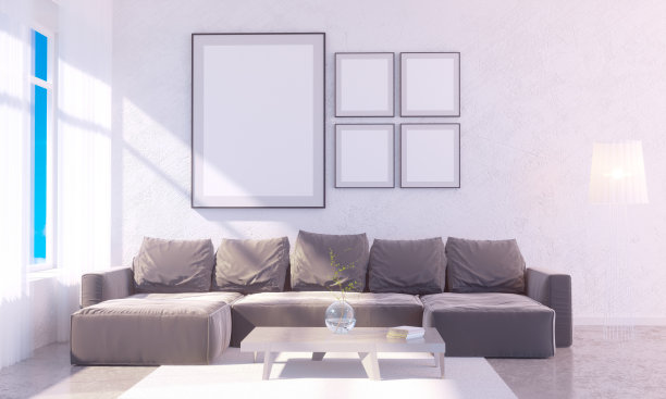 现代明亮的室内与空框架。3D渲染3D插画房间，斯堪的纳维亚，沙发，空间，上，墙，白色图片下载