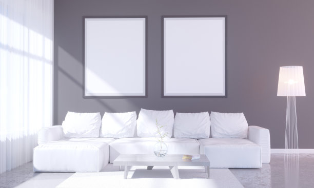 现代明亮的室内与空框架。3D渲染3D插画房间，斯堪的纳维亚，沙发，空间，上，墙，白色图片下载