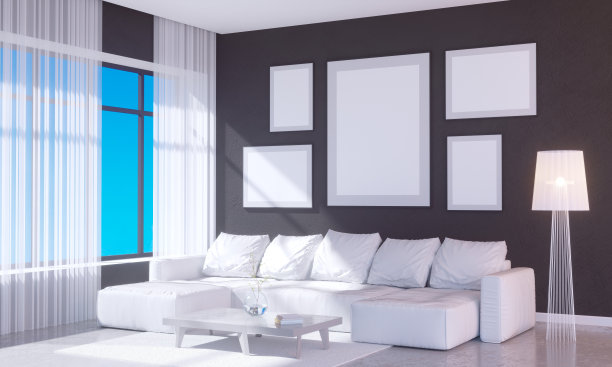 现代明亮的室内与空框架。3D渲染3D插画房间，斯堪的纳维亚，沙发，空间，上，墙，白色图片下载