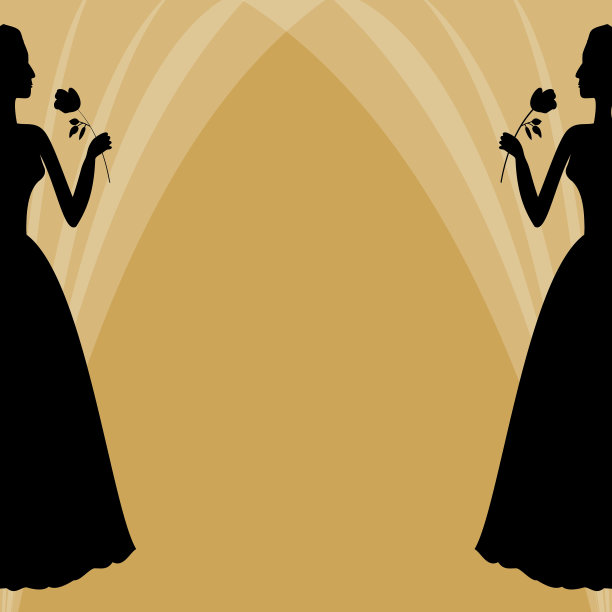 邀请模板与两个维多利亚时代的女士拿着一朵玫瑰，对称设计与剪影在金色的背景。舞会邀请函、传单、横幅、有文字空白的传单图片下载