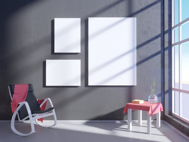 现代明亮的室内与空框架。3D渲染3D插画房间，斯堪的纳维亚，沙发，空间，上，墙，白色图片下载