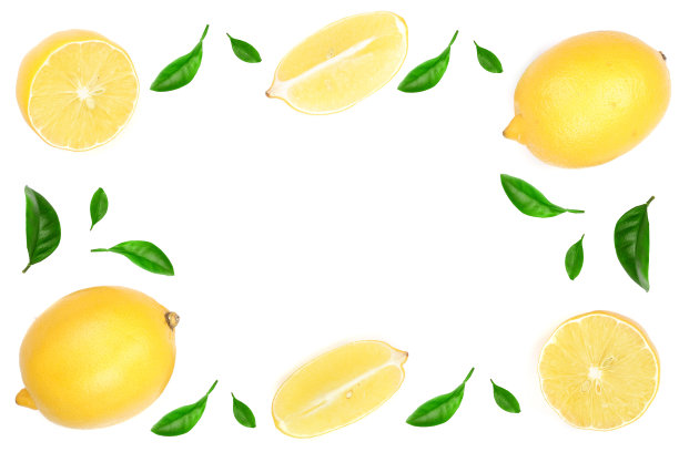 框架柠檬孤立的白色背景装饰与绿色的叶子与复制空间为您的文本，俯视图图片下载