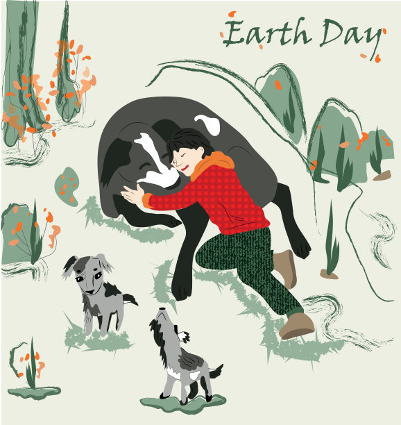 欢快的男孩和一只大狗在大自然的树林里休息图片下载