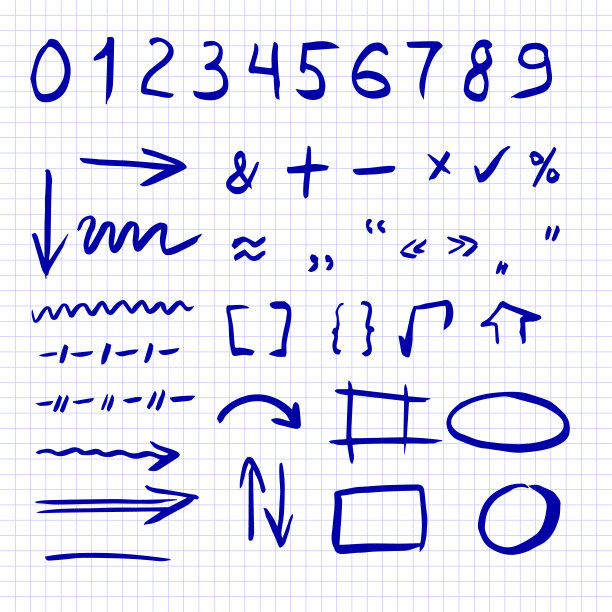 手绘矢量插图集孤立在方格笔记本表。箭头，数学符号，数字，语音气泡，纠正和突出元素。涂鸦草图图标。素材图片