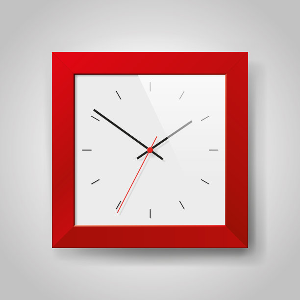 简单的现实时钟在浅灰色背景上的方形红色框架。看墙上的。矢量设计对象图片下载