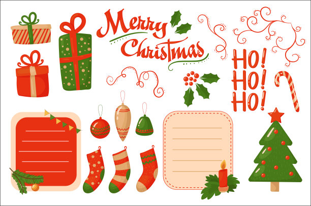 圣诞贺卡，节日装饰元素，贴图矢量插画图片下载