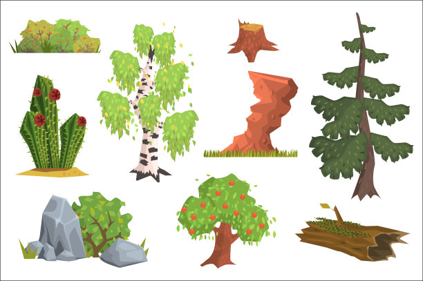 自然元素的平坦向量集。苹果树，桦树，仙人掌，灌木浆果，杉树，石头，老树桩，岩石，原木与苔藓。游戏界面的卡通设计图片下载