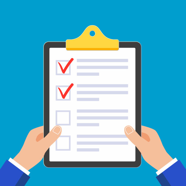 手握剪贴板与检查清单索赔表在它的纸，检查标记勾OK X在复选框，孤立在浅蓝色背景平面风格设计矢量插图图片下载