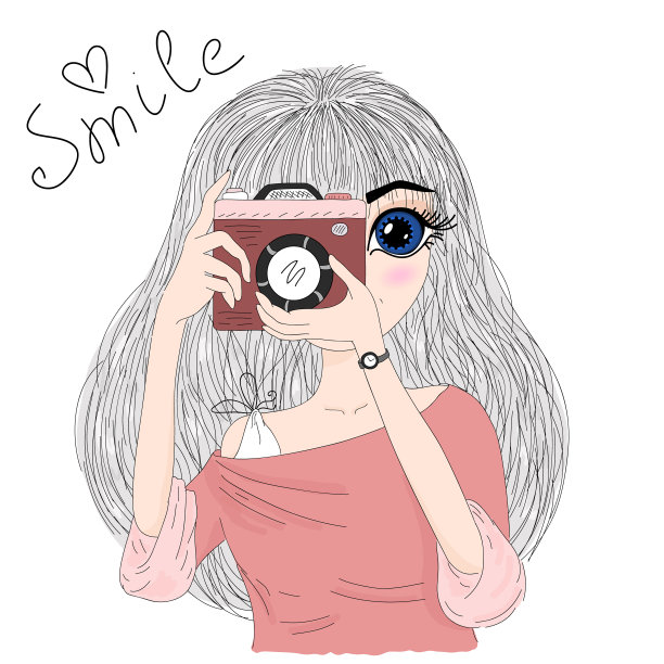 手画可爱的时尚卡通女孩，手拿相机。矢量插图。图片下载