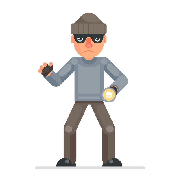 手电筒抓手邪恶贪婪的小偷卡通流氓保格字符平面设计孤立的矢量插图图片下载
