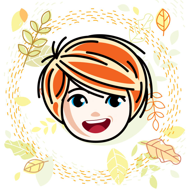 可爱女孩的脸，人的头。矢量红发字符，微笑女孩的脸特征。图片下载