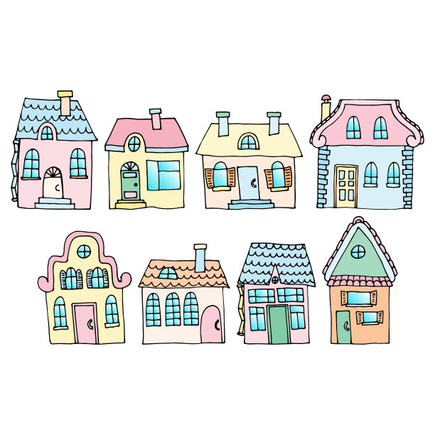 街道上的房屋分两排。插图的城市景观与联排别墅。涂鸦风格。图片下载