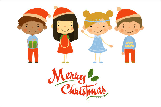 四个穿着节日服装的小孩。圣诞快乐，恭贺新禧。卡通男孩和女孩的角色。贺卡的平面矢量元素素材图片
