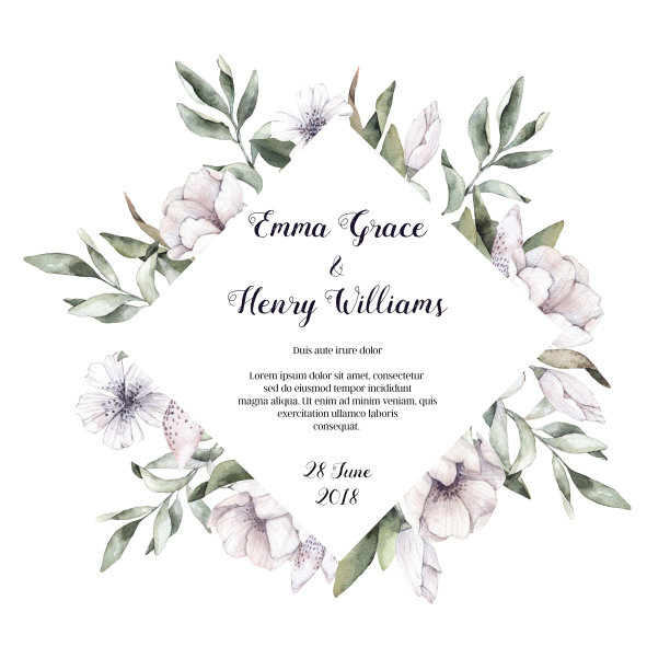 手绘水彩插图-花卉框架。春天的树枝上有银莲花花和羽毛。完美的婚礼邀请函，贺卡，证书，打印和更多图片下载
