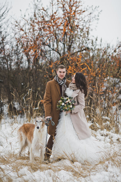 新婚夫妇在冬天遛狗的照片808。图片下载