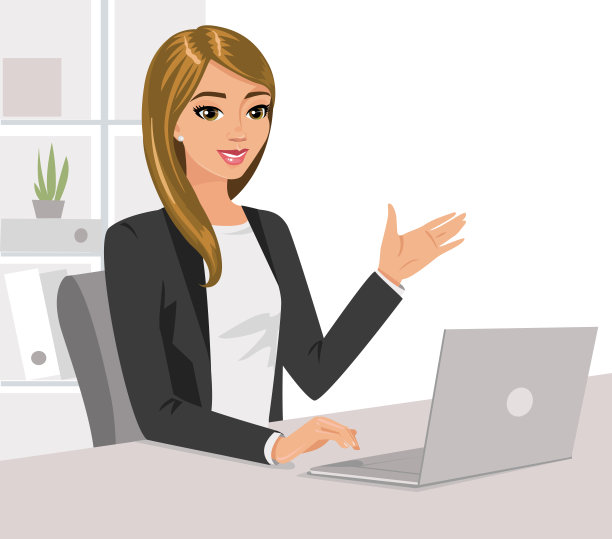 漂亮的女商人正在办公室用笔记本电脑工作。矢量插图孤立。图片下载