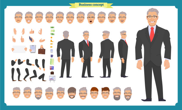 正面，侧面，后视图动画角色。经理人物创造设置了各种观点，发型，面部情绪，姿态和手势。矢量插图。人的性格素材图片